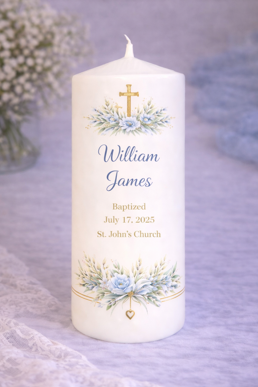 Personalised Christening Pillar Candle - Boy