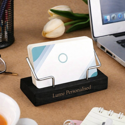 Personalised Wooden Business Card Holder – Custom Laser Engraved Desk Card Stand