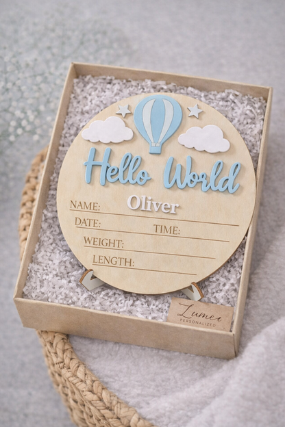 Personalised Round “Hello World” Birth Announcement Plaque - Blue