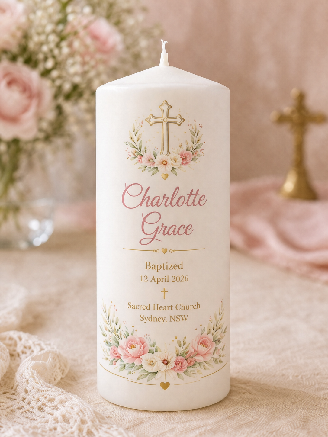 Personalised Christening Pillar Candle Girl