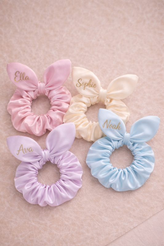 Bulk Medium Satin Personalised Bunny Scrunchies (Vinyl Print) - Starting from 2 pcs