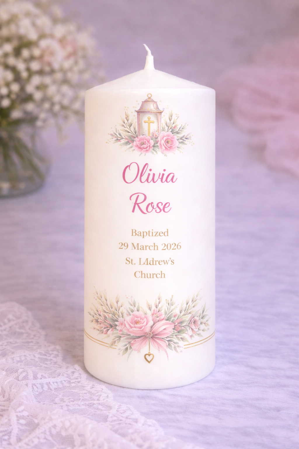 Personalised Christening Pillar Candle Girl