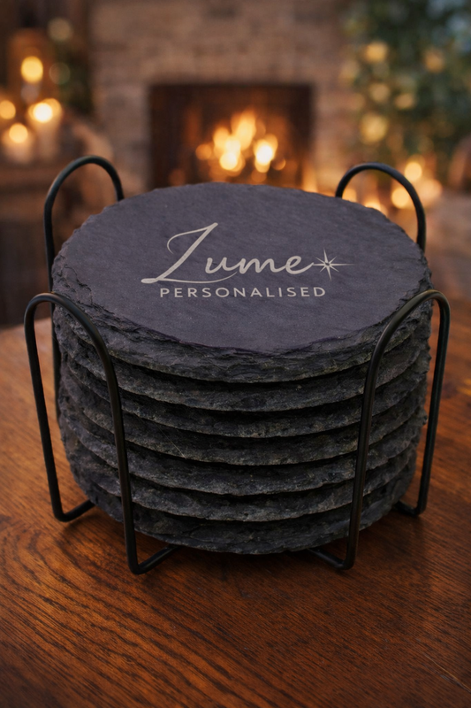 Personalised Laser Engraved Round Slate Coasters (Set of 6 + Metal Rack)