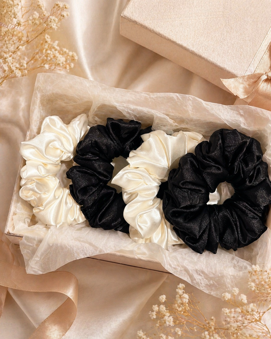 Premium Satin Scrunchie Gift Box - Black & Ivory