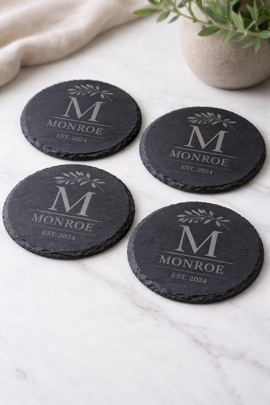 Personalised Round Slate Coasters – Wedding Laser Engraved (Copy)