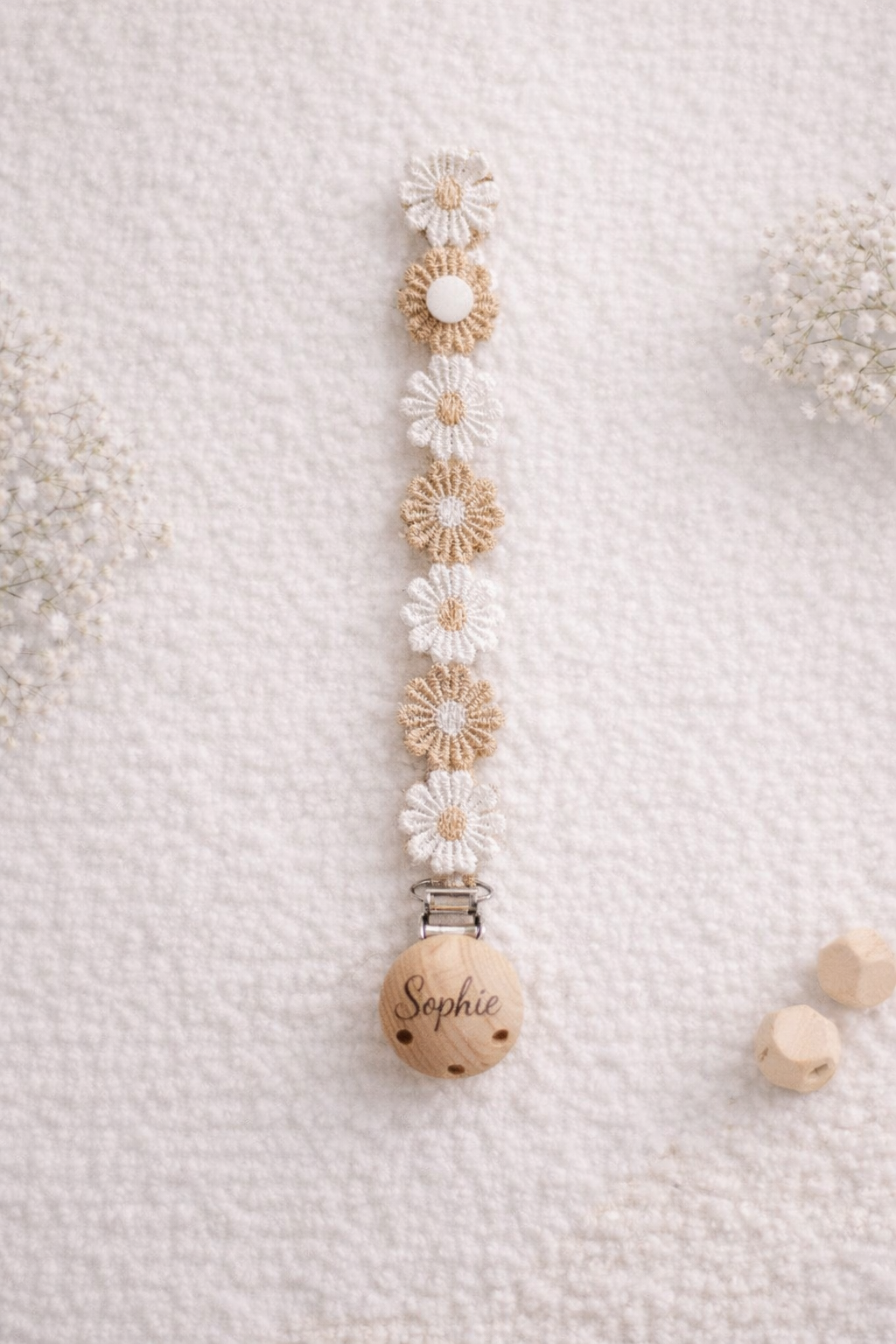 Personalised Silicone Pacifier Clip – Crochet Flower