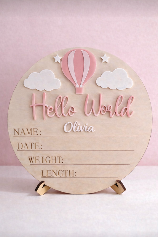 Personalised Round “Hello World” Birth Announcement Plaque - Pink