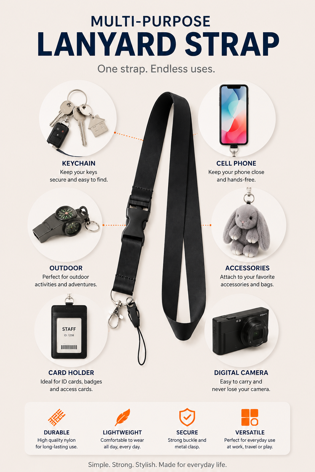 Multi-Purpose Lanyard with Detachable Buckle & Clip