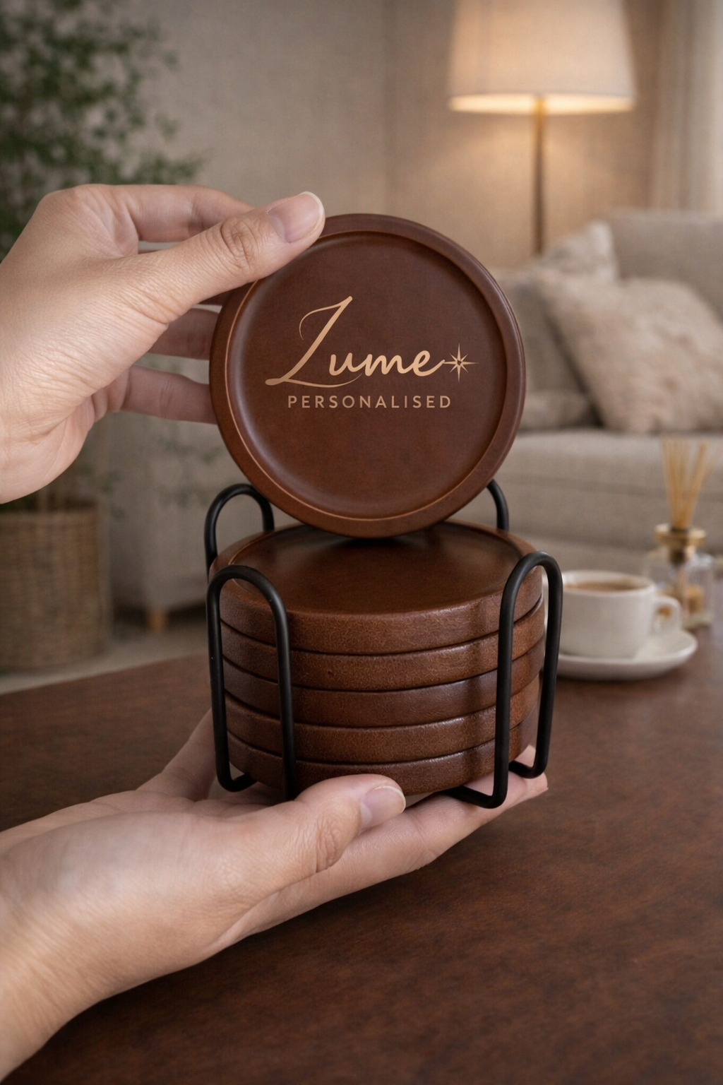 Personalised Wooden Coaster Set (Set of 6 + Metal Rack)