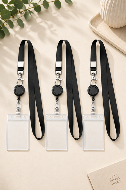 Black Lanyard with Retractable Badge Reel & ID Holder