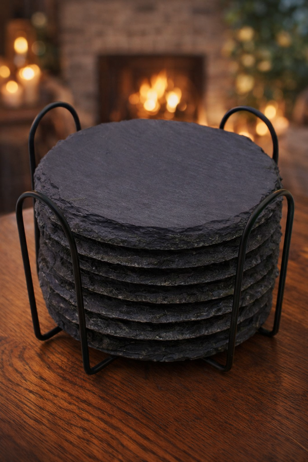 Personalised Laser Engraved Round Slate Coasters (Set of 6 + Metal Rack)