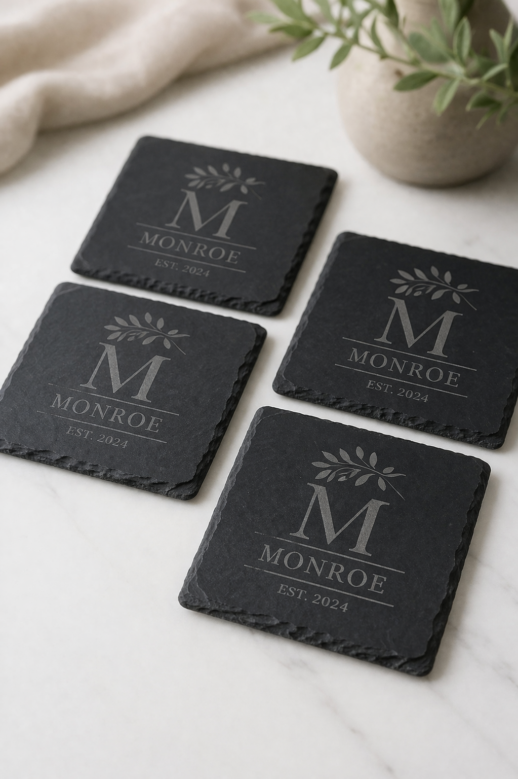 Personalised Square Slate Coasters – Wedding Laser Engraved