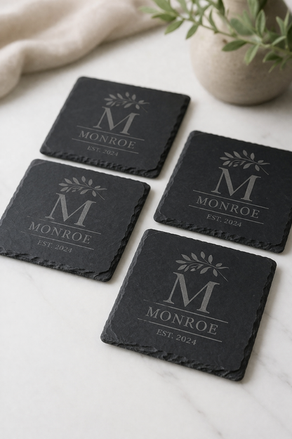 Personalised Square Slate Coasters – Wedding Laser Engraved