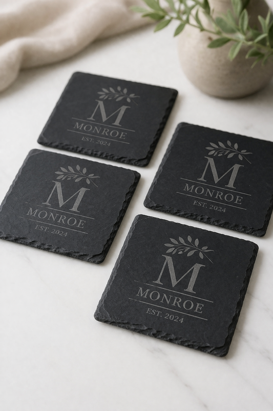 Personalised Square Slate Coasters – Wedding Laser Engraved