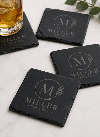 Personalised Laser Engraved Square Slate Coasters (Set of 6 + Metal Rack)