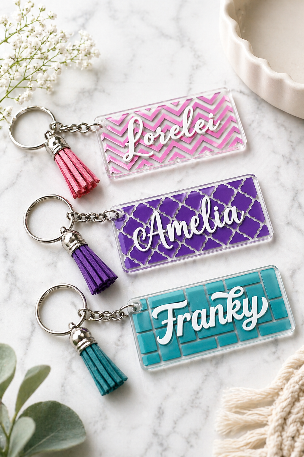 Personalised Rectangle Acrylic Keyring with Tassel
