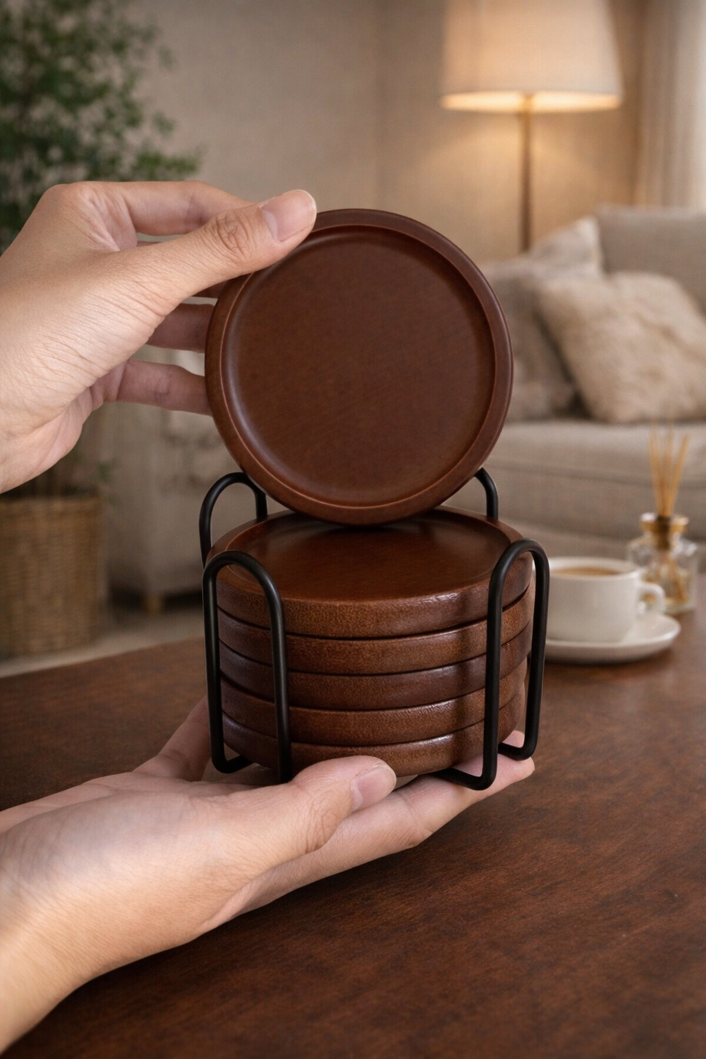 Personalised Wooden Coaster Set (Set of 6 + Metal Rack)