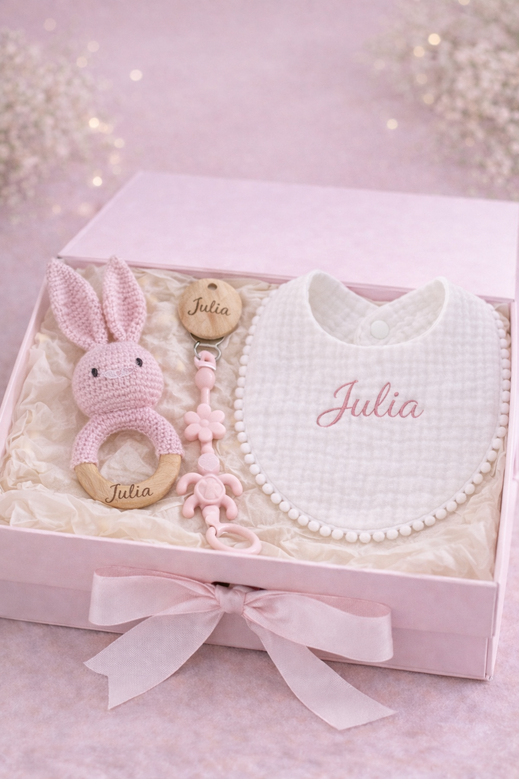 Personalised Baby Gift Box – Bib, Dummy Clip & Bunny Rattle (Pink)