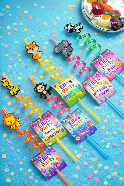 Personalised Curly Animal Straw with Brush & Tag