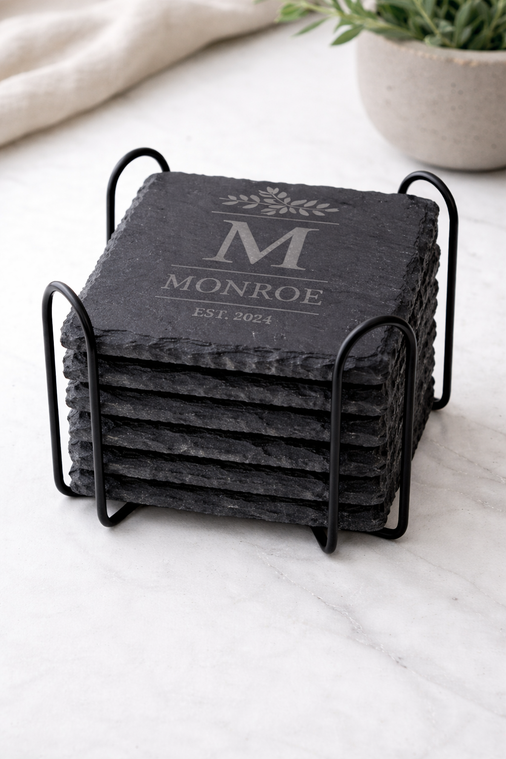 Personalised Laser Engraved Square Slate Coasters (Set of 6 + Metal Rack)