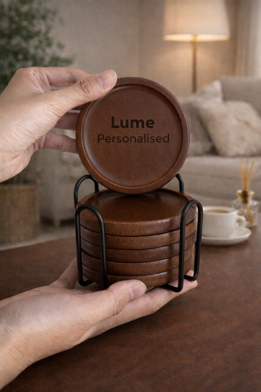 Personalised Wooden Coaster Set (Set of 6 + Metal Rack)