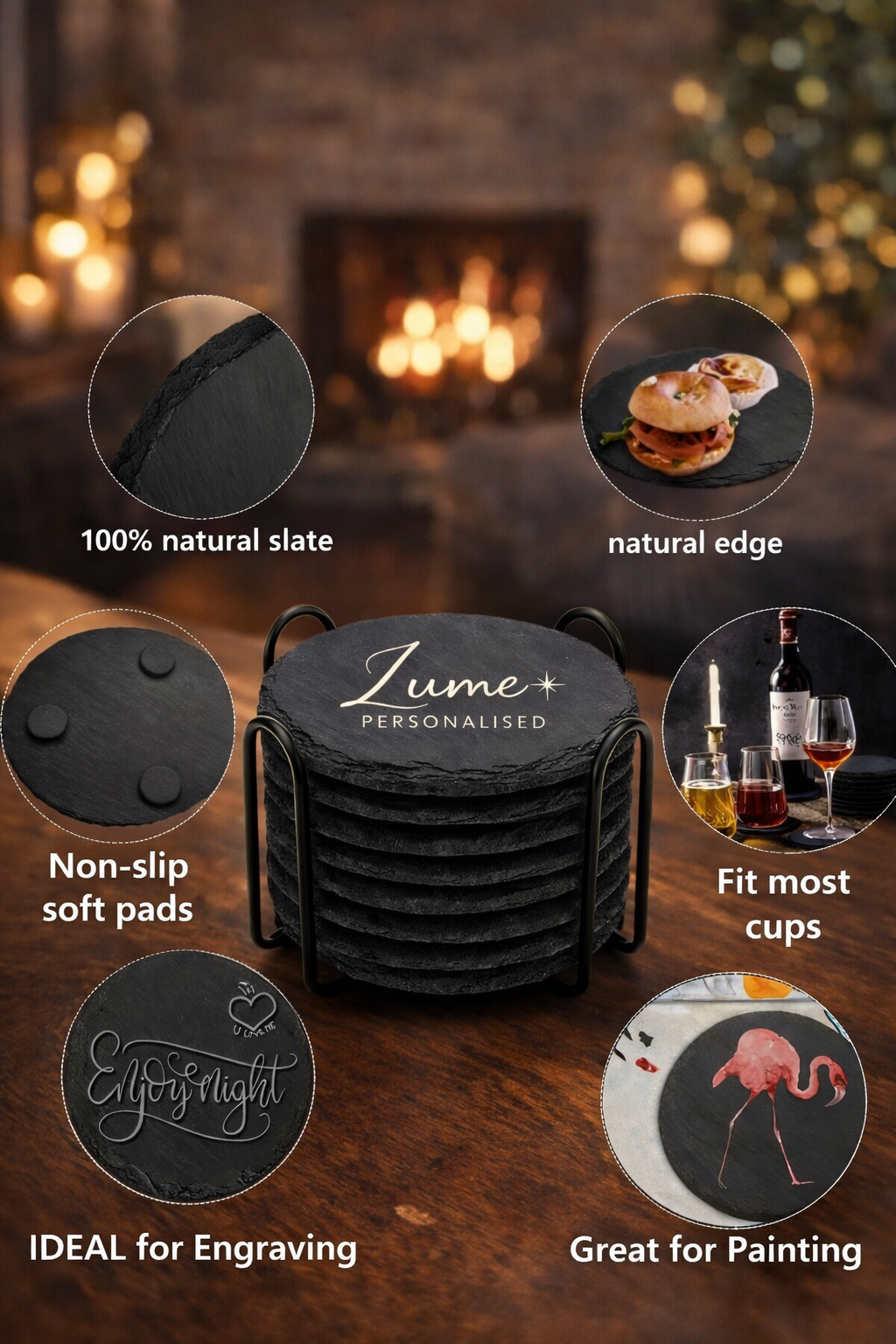 Personalised Laser Engraved Round Slate Coasters (Set of 6 + Metal Rack)