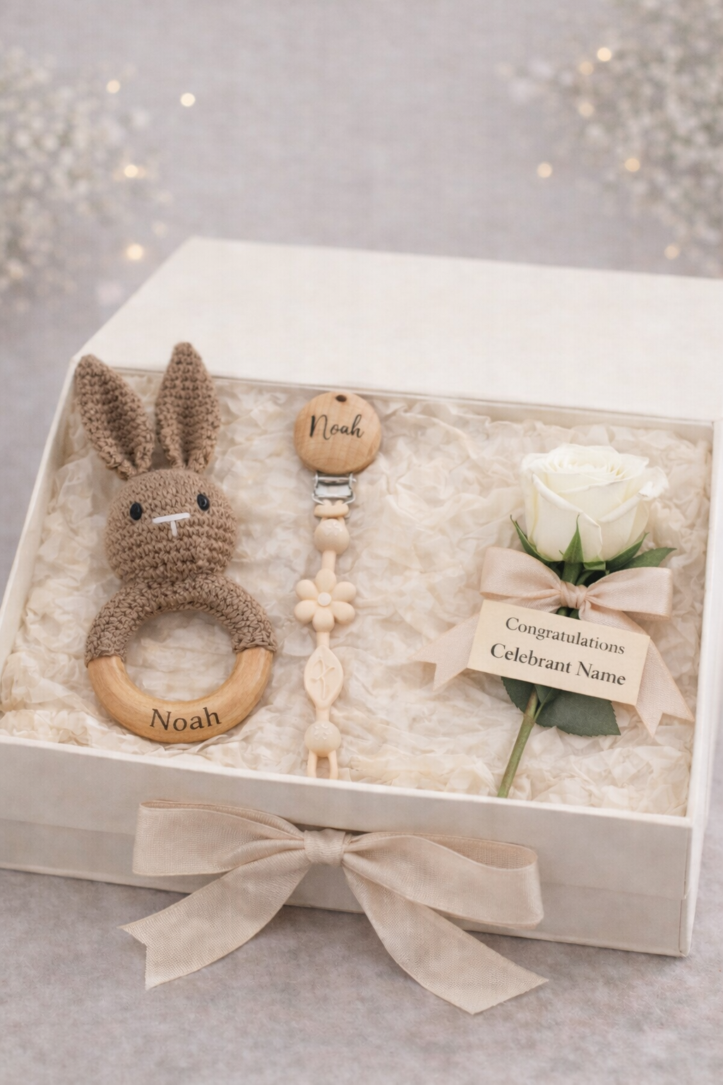 Personalised Baby Gift Box – Keepsake Floral Card, Dummy Clip & Bunny Rattle (Beige)