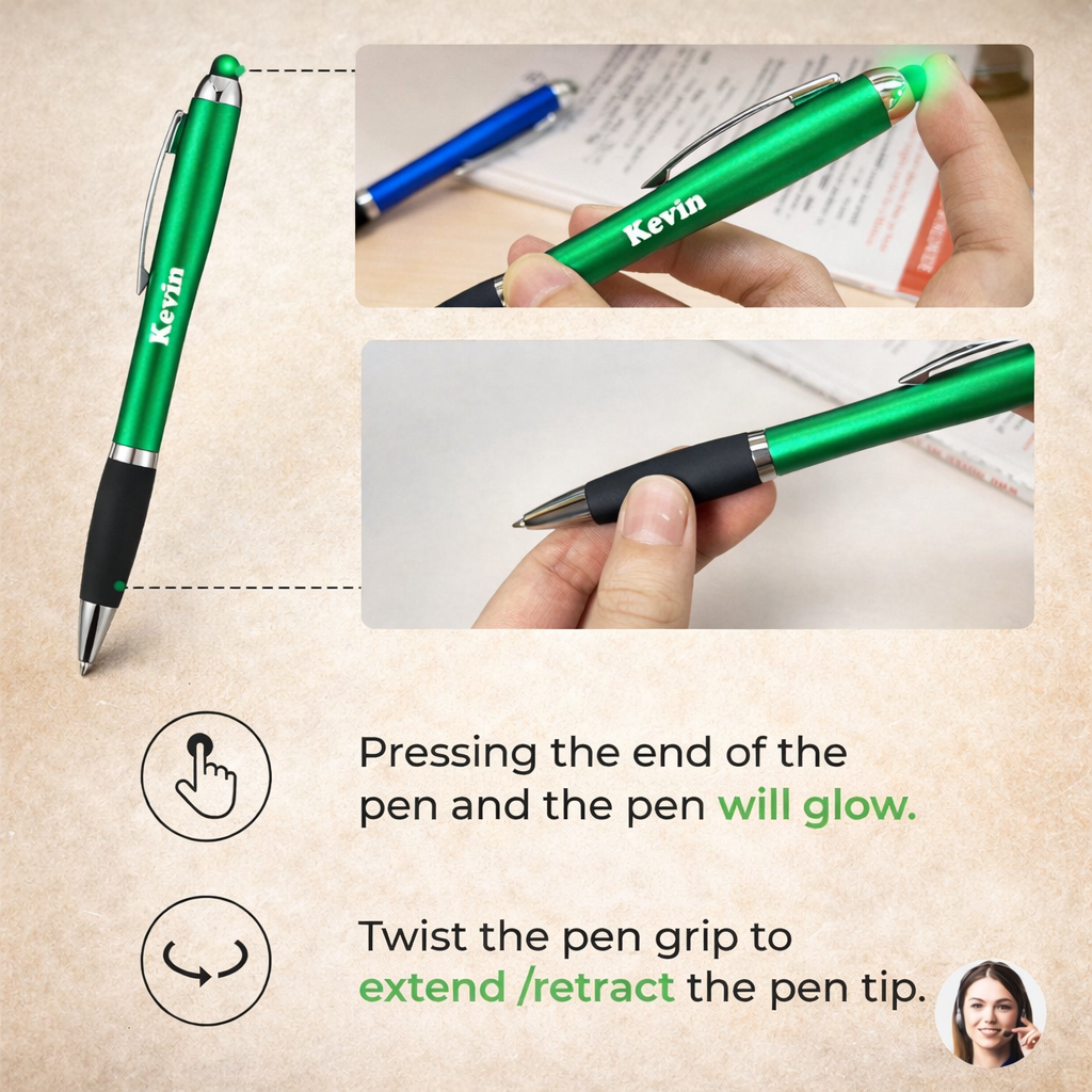 Bulk Personalised Multicolour LED Stylus Pens (Laser Engraved)