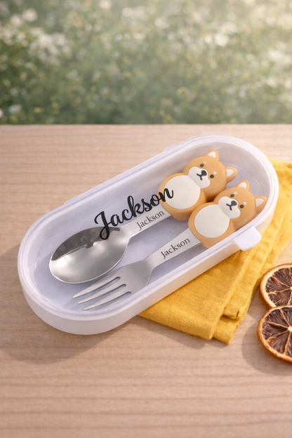 Personalised Animal Spoon & Fork Set with Case
