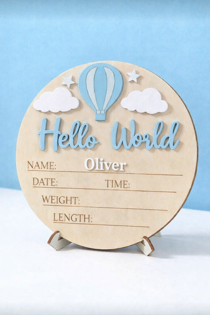 Personalised Round “Hello World” Birth Announcement Plaque - Blue