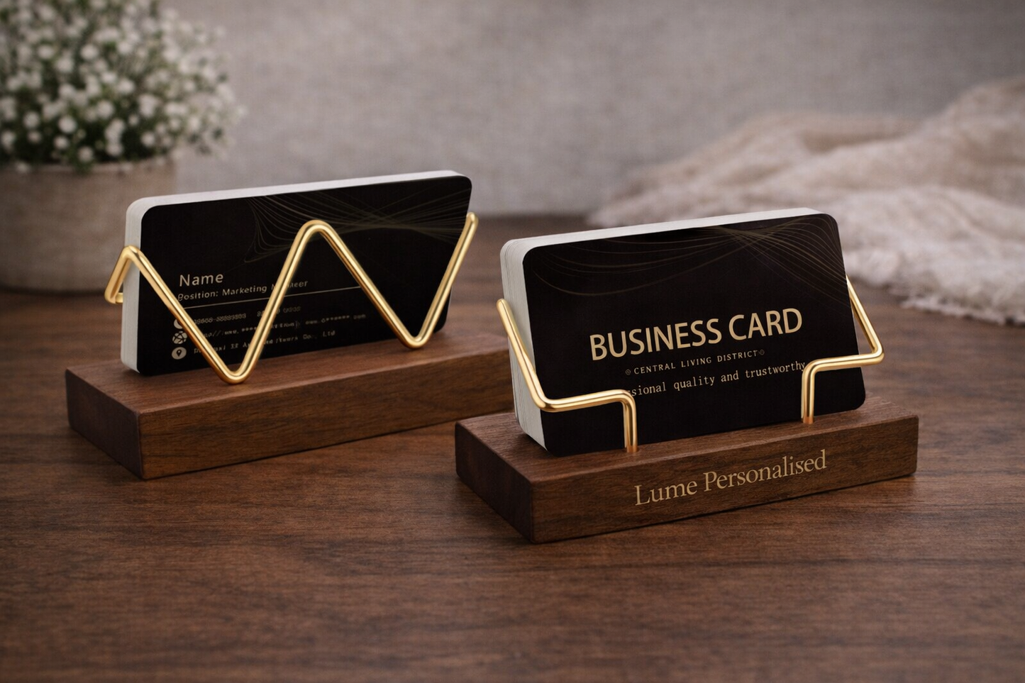 Personalised Wooden Business Card Holder – Custom Laser Engraved Desk Card Stand