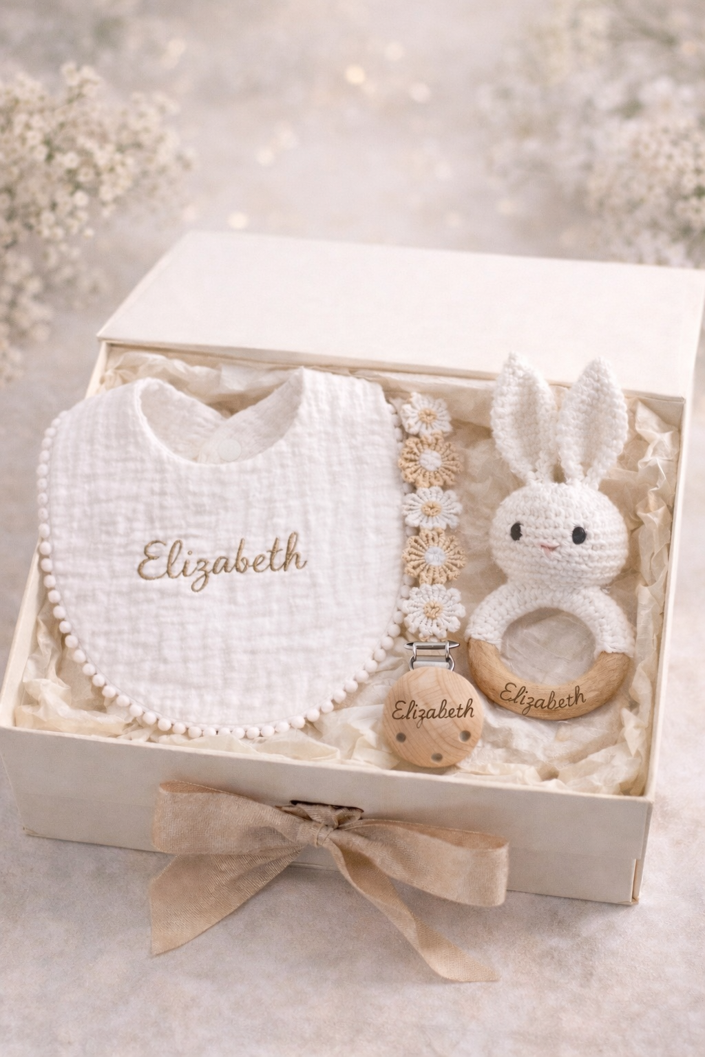 Personalised Baby Gift Box – Bib, Dummy Clip & Bunny Rattle (Beige)