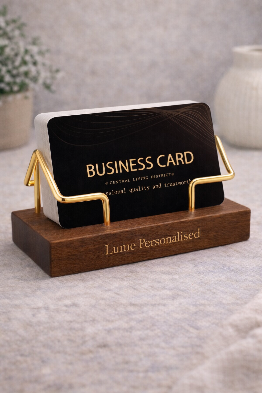 Personalised Wooden Business Card Holder – Custom Laser Engraved Desk Card Stand