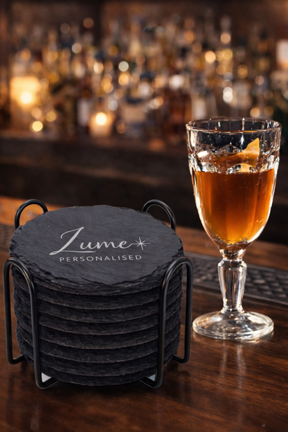 Personalised Laser Engraved Round Slate Coasters (Set of 6 + Metal Rack)