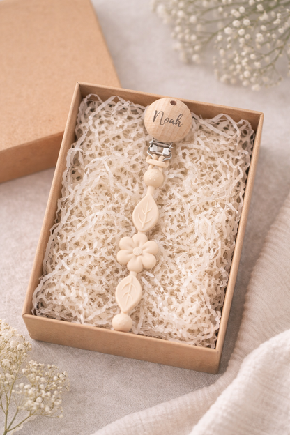Personalised Silicone Pacifier Clip – Flower Design