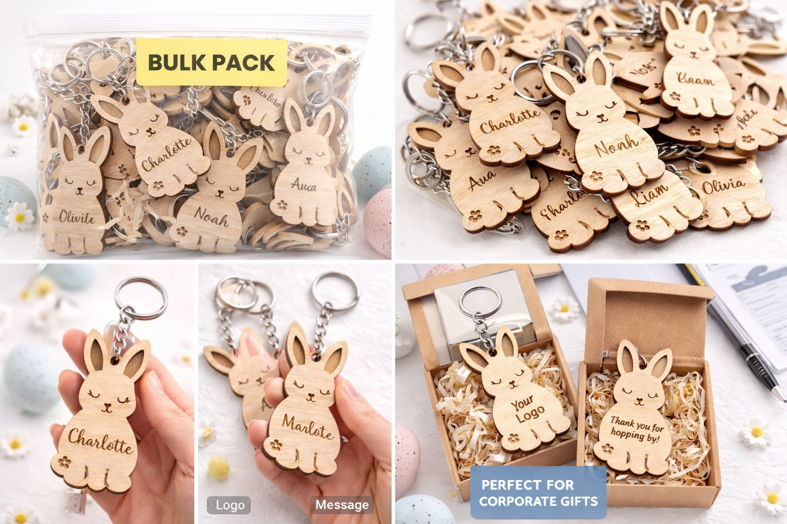 Bulk Personalised Wooden Bunny Keychain -Starting from 10 pcs
