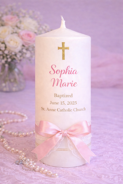 Personalised Christening Pillar Candle w/ Ribbon - Girl