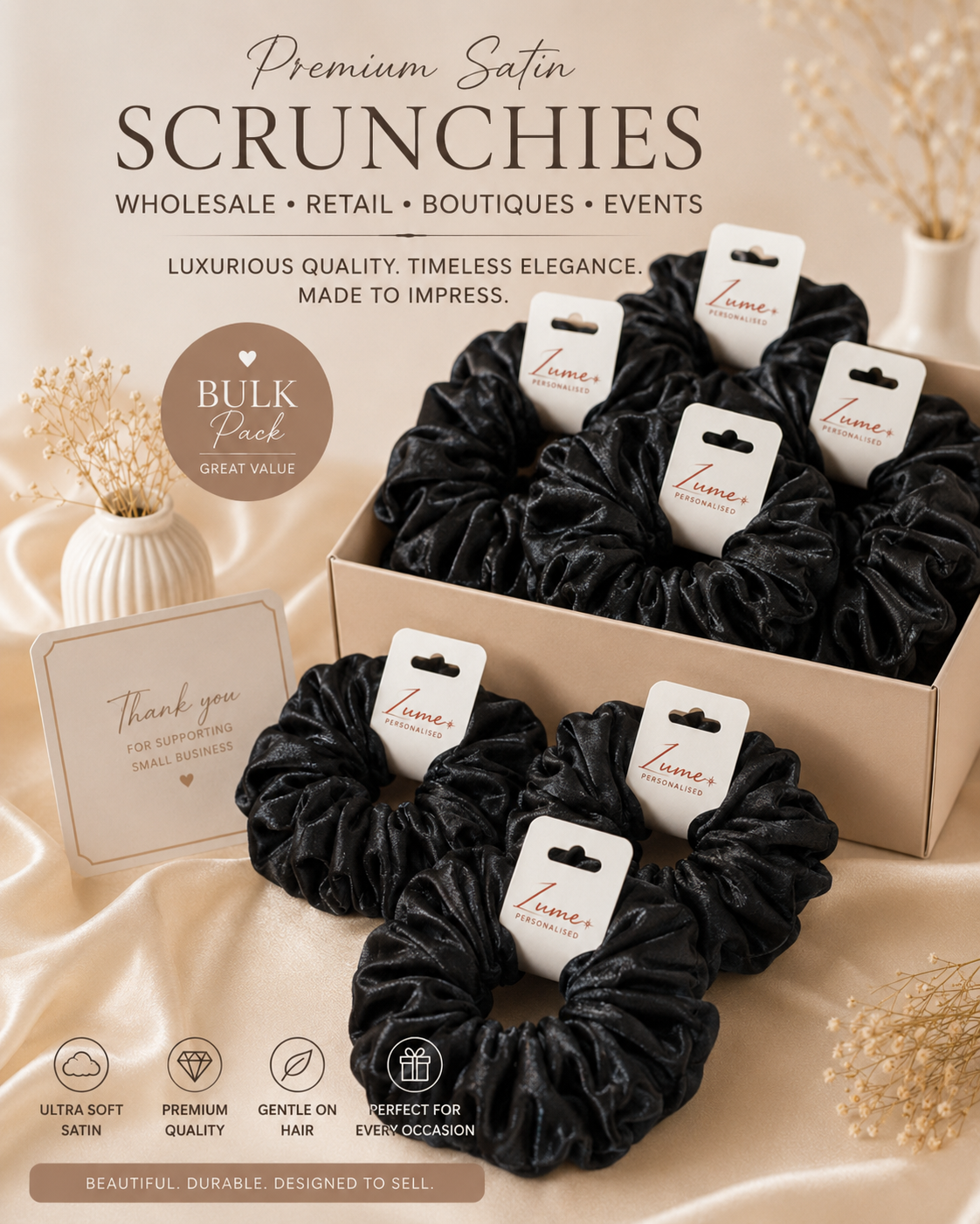 Premium Medium Satin Scrunchies - Black