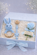 Personalised Baby Gift Box – Keepsake Floral Card, Dummy Clip & Bunny Rattle (Blue)