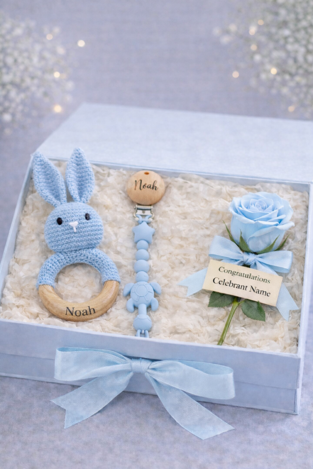 Personalised Baby Gift Box – Keepsake Floral Card, Dummy Clip & Bunny Rattle (Blue)