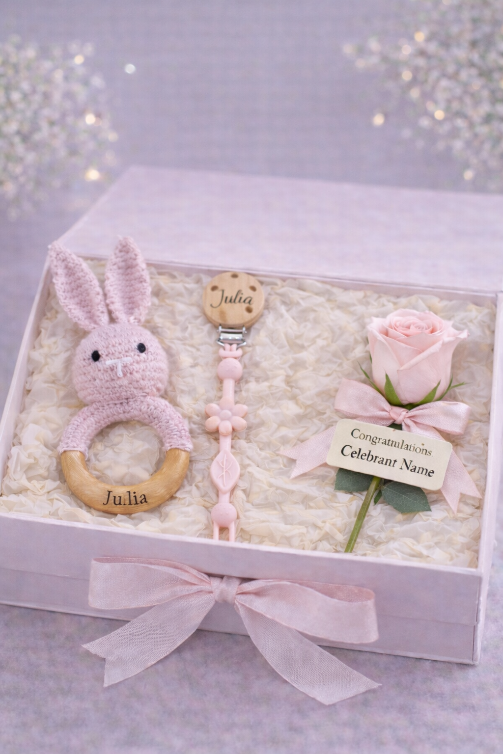 Personalised Baby Gift Box – Keepsake Floral Card, Dummy Clip & Bunny Rattle (Pink)