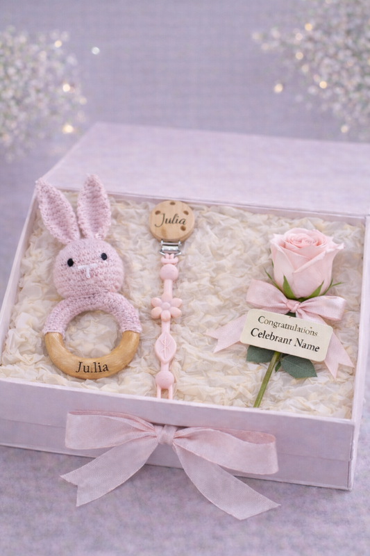 Personalised Baby Gift Box – Keepsake Floral Card, Dummy Clip & Bunny Rattle (Pink)