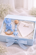 Personalised Baby Gift Box – Bib, Dummy Clip & Bunny Rattle (Blue)
