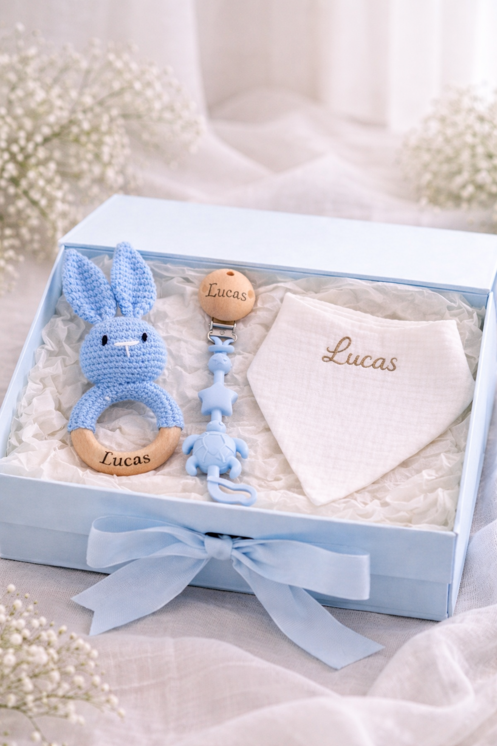 Personalised Baby Gift Box – Bib, Dummy Clip & Bunny Rattle (Blue)