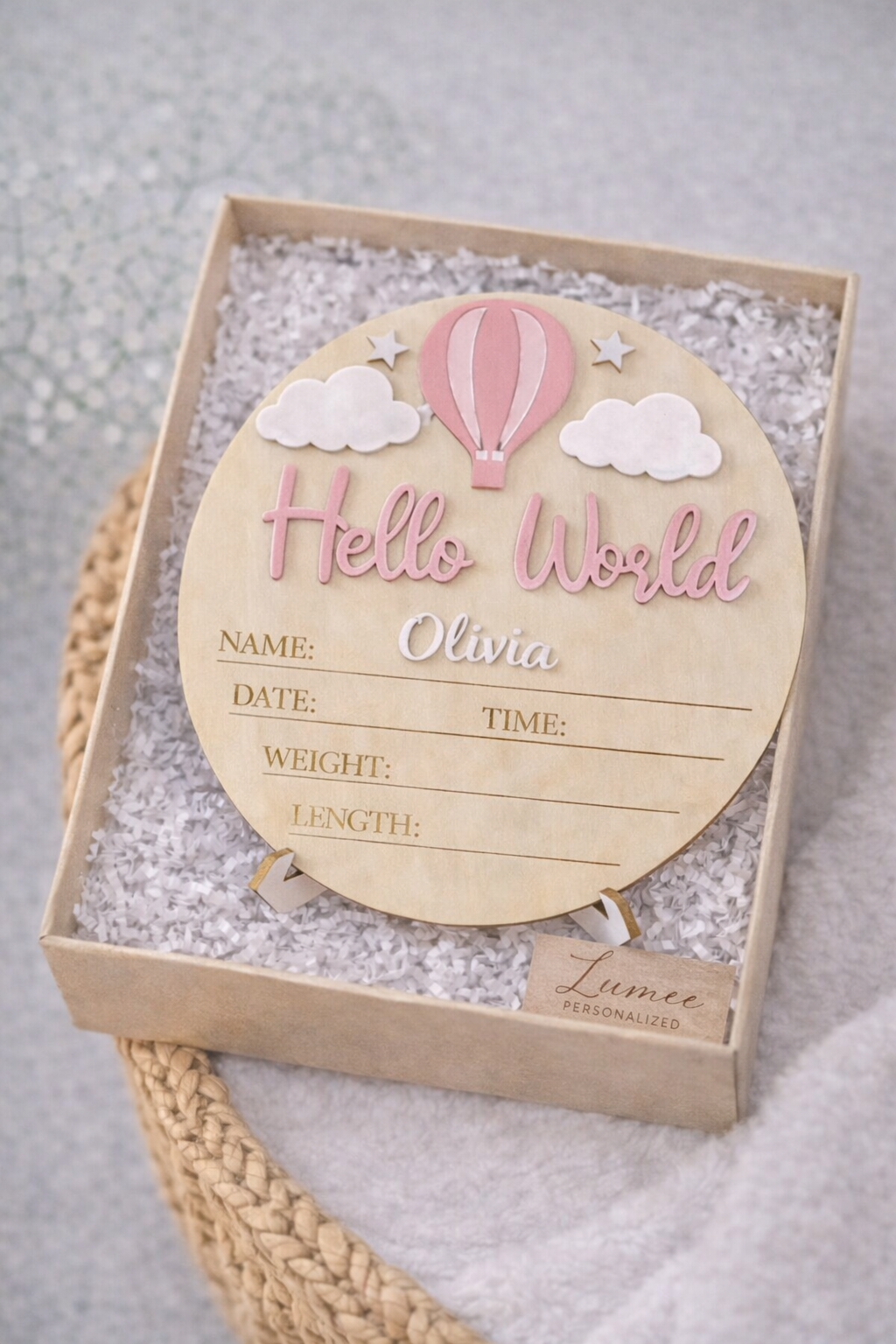 Personalised Round “Hello World” Birth Announcement Plaque - Pink