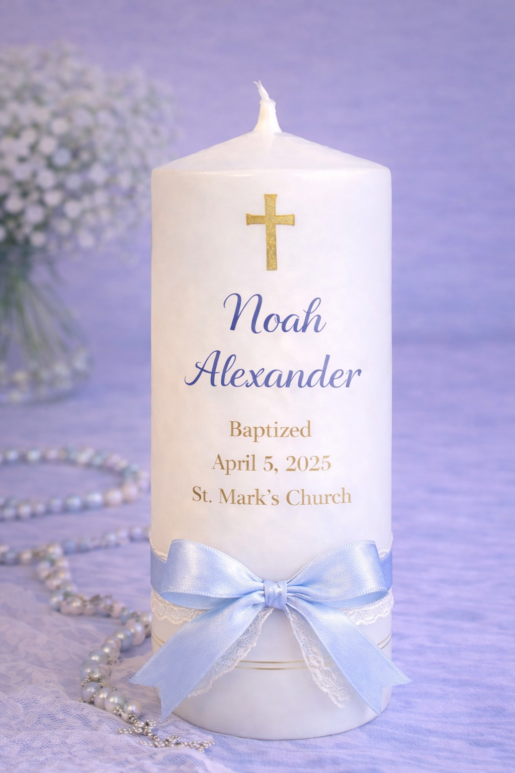 Personalised Christening Pillar Candle w/ Ribbon - Boy