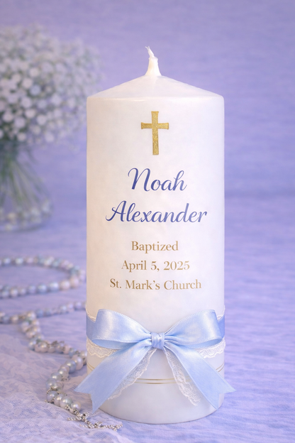 Personalised Christening Pillar Candle w/ Ribbon - Boy