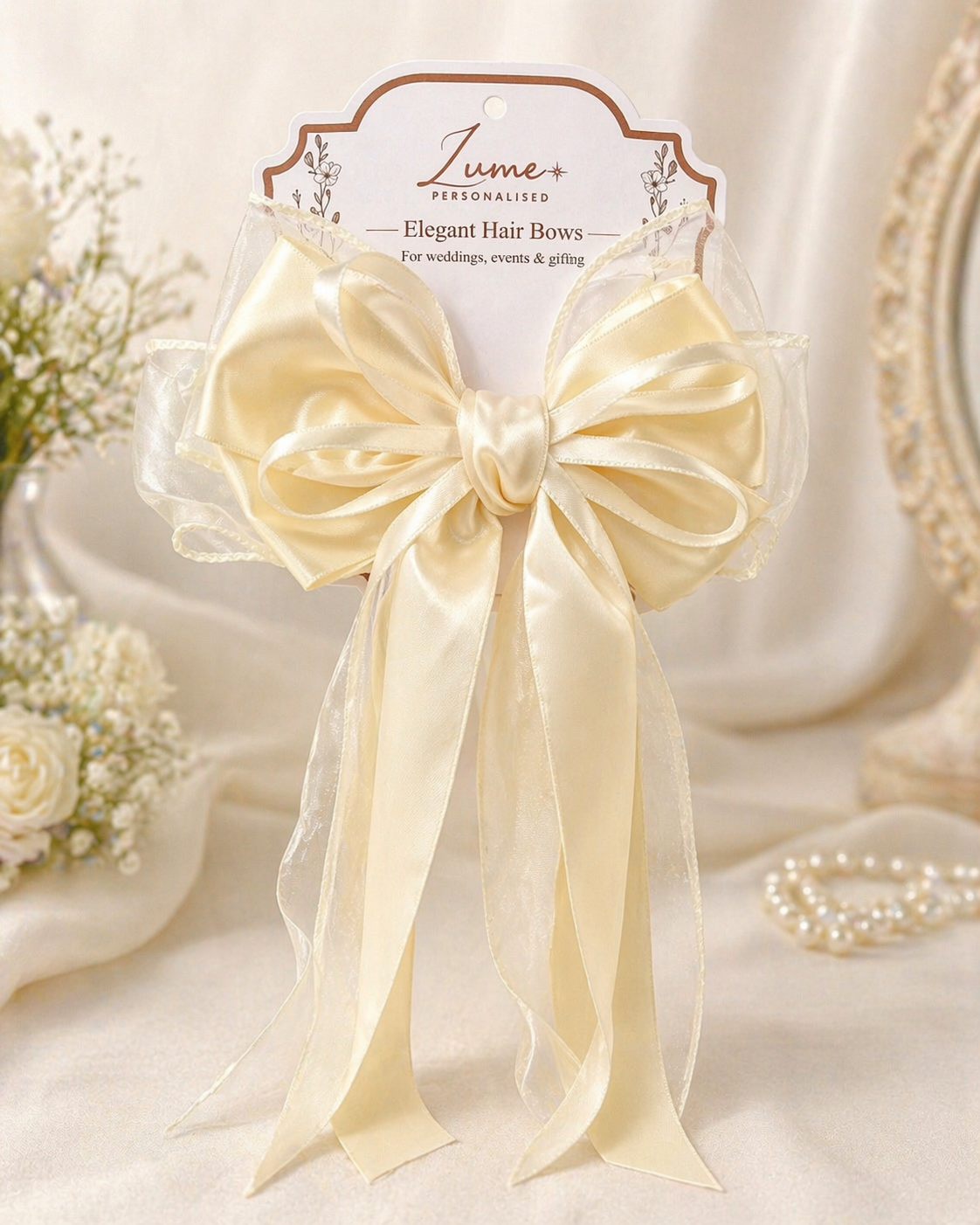 Beige Elegant Hair Bow – Plain or Personalised