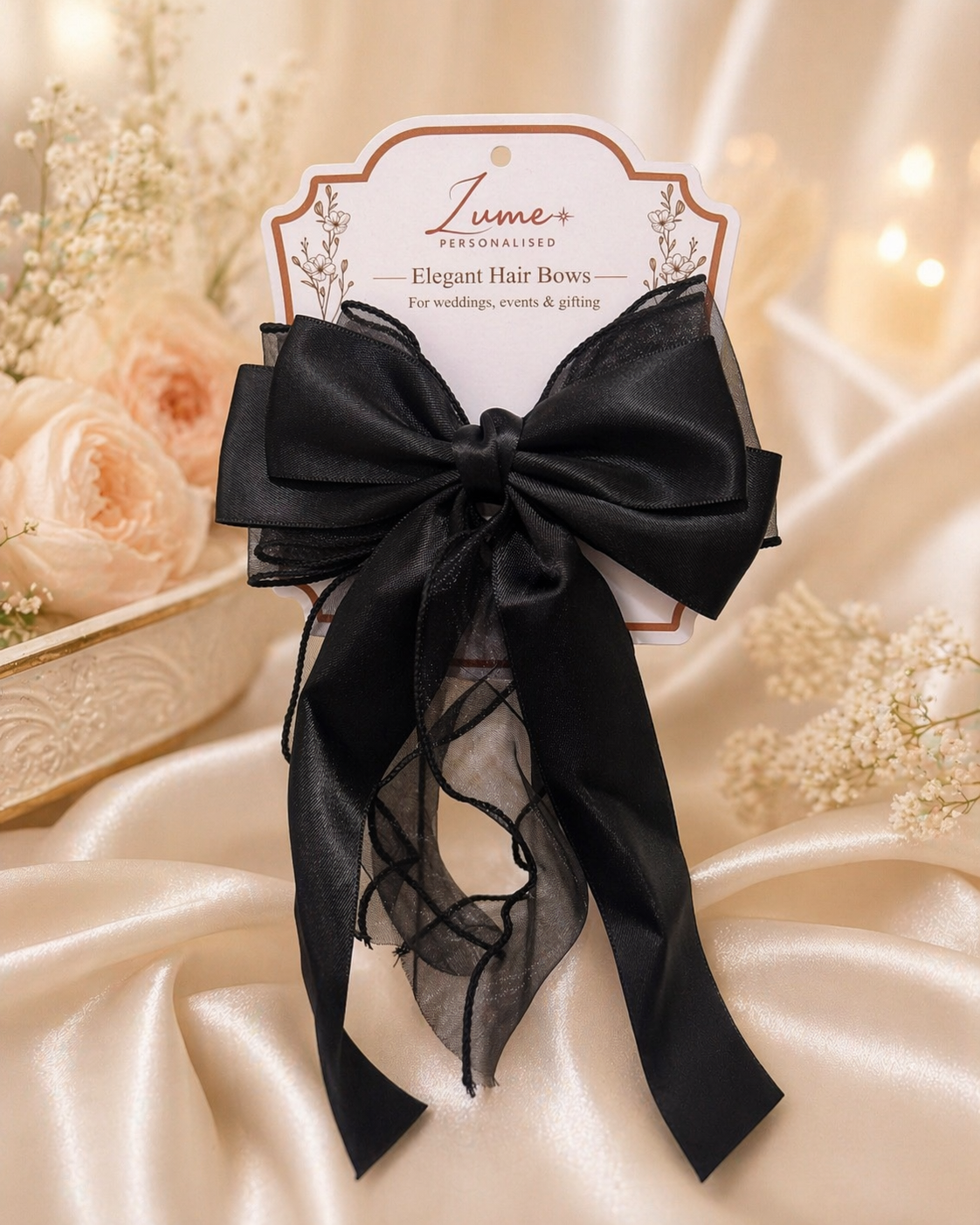 Black Elegant Hair Bow – Plain or Personalised with Vinyl