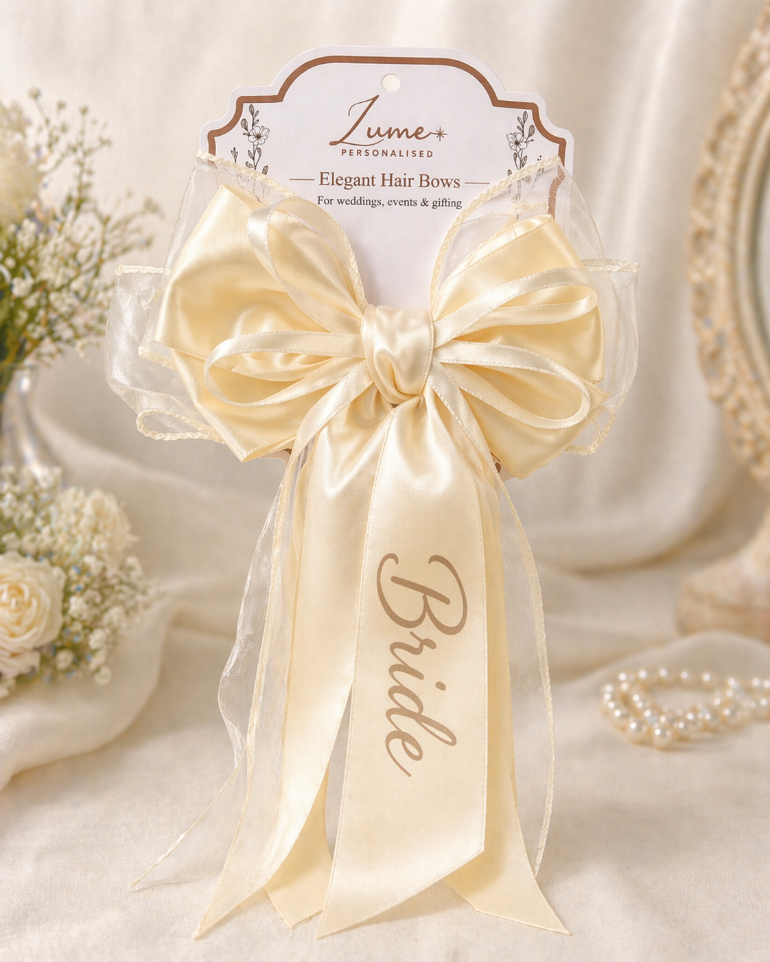 Beige Elegant Hair Bow – Plain or Personalised